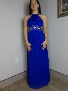 Morgan & Co. Royal Blue Beaded Halter Cutout Evening Gown Size 5/6